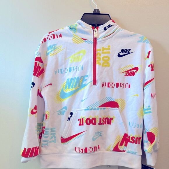 Nike Boys Active "Just Do It" LS Pullover Hooded 1/4 Zip Sweatshirt White - Picture 15 of 15